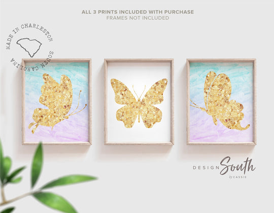 Gold butterfly art, nursery or bedroom butterfly themed, art for girls gold sparkle butterflies, baby room butterfly wall art, print set 3