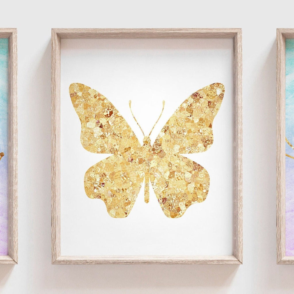 Gold butterfly art, nursery or bedroom butterfly themed, art for girls gold sparkle butterflies, baby room butterfly wall art, print set 3