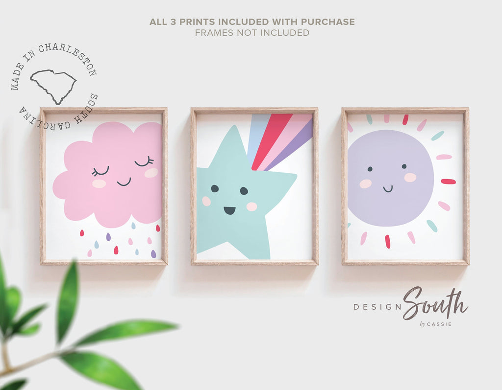 Pastel nursery decor, shooting star wall art, nursery bedroom decor star cloud sun, pastel newborn prints, sunshine nursery print set of 3