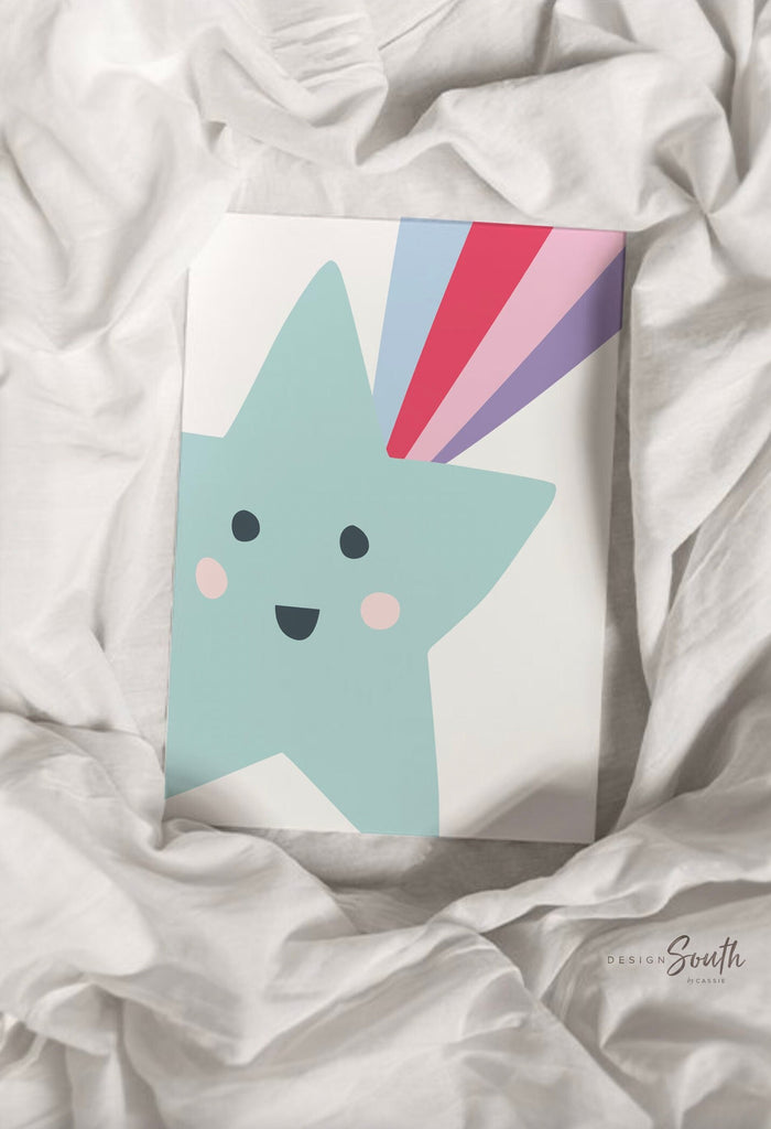 Pastel nursery decor, shooting star wall art, nursery bedroom decor star cloud sun, pastel newborn prints, sunshine nursery print set of 3