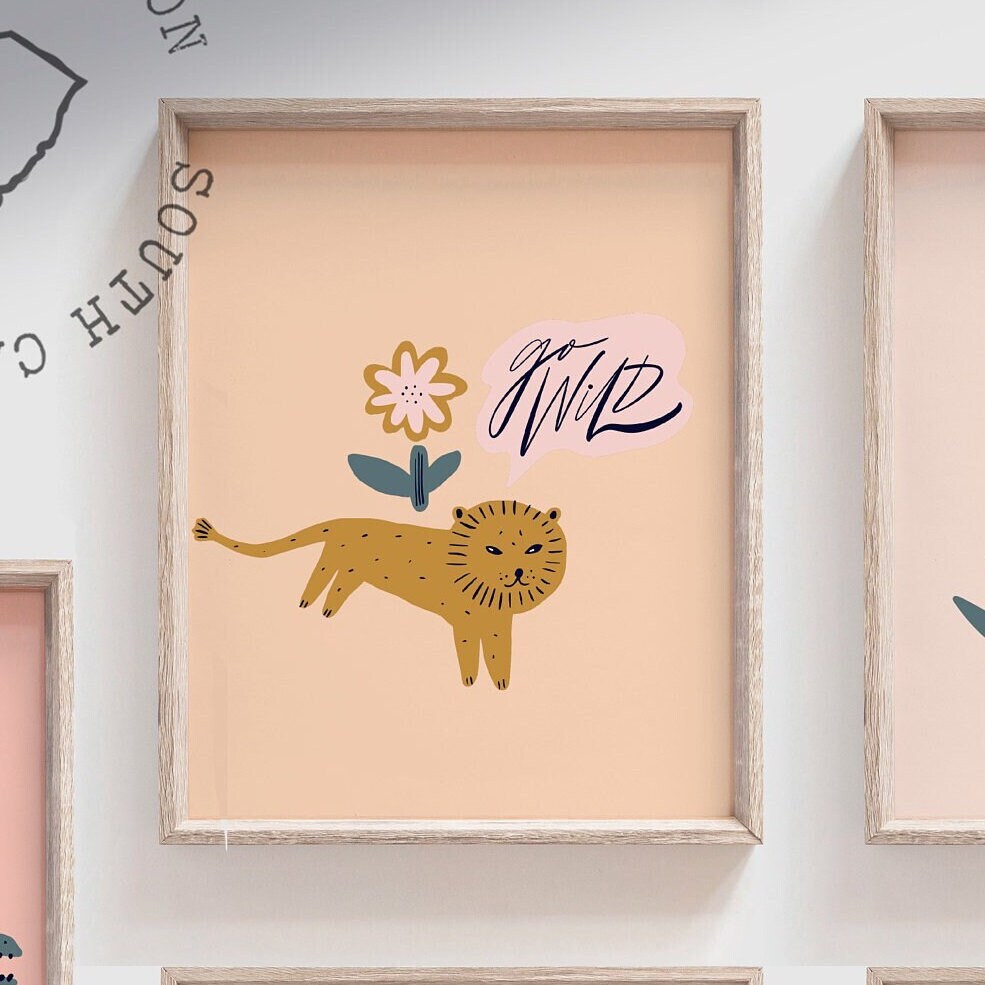 Pastel animal art, baby wall decor, floral safari animal art, baby animal art, safari nursery prints, modern jungle giraffe lion elephant