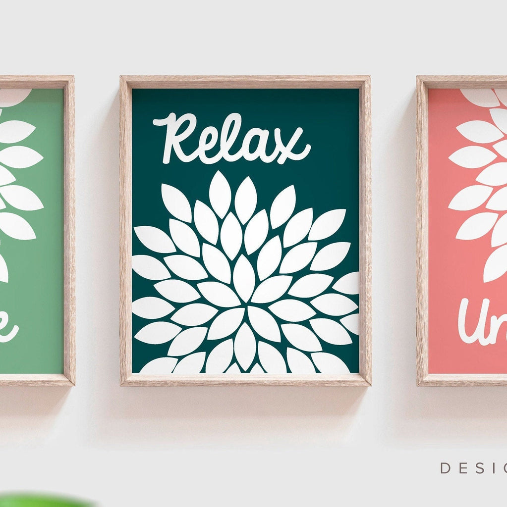Green coral pink bathroom wall decor, soak relax unwind flower art for bathroom, adult bathroom art, childrens wall art, bathroom flower art