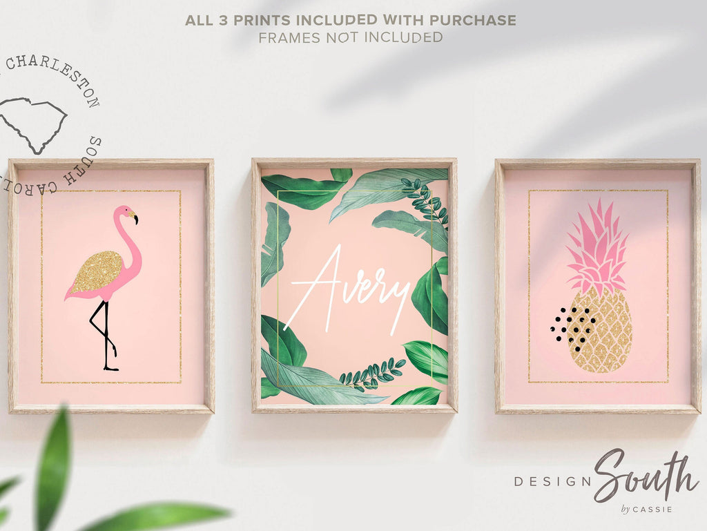Flamingo girl art, flamingo gift for girl, tropical nursery theme for girl, pink gold nursery wall art, flamingo personalized art print sign