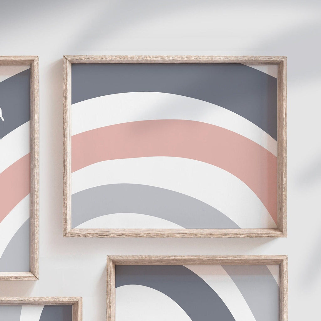 Baby girl rose mauve muted pink and soft denim navy blue nursery, personalized name rainbow pink blue girl, baby girl denim blue nursery art