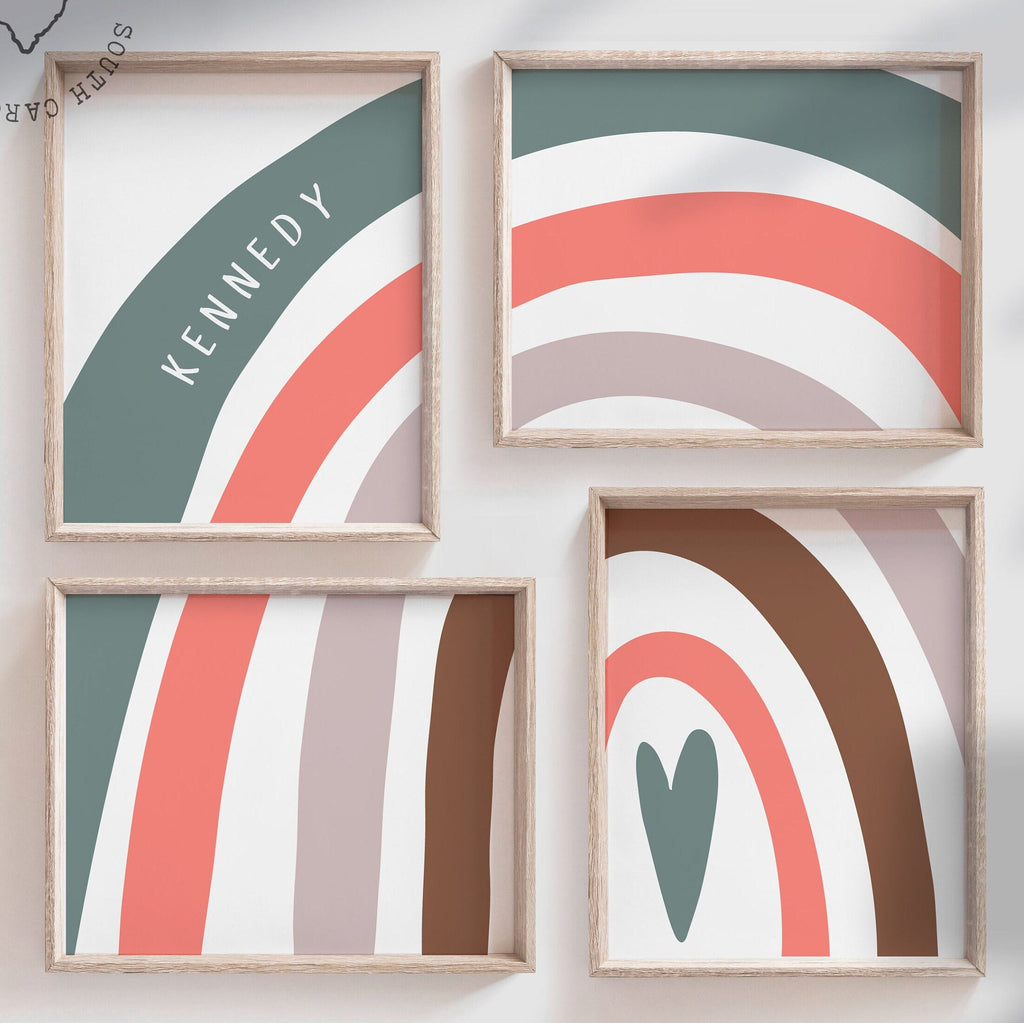 Gender neutral nursery ideas, baby natural color scheme wall art, modern boho rustic beige teal unique decor, personalized name mid century