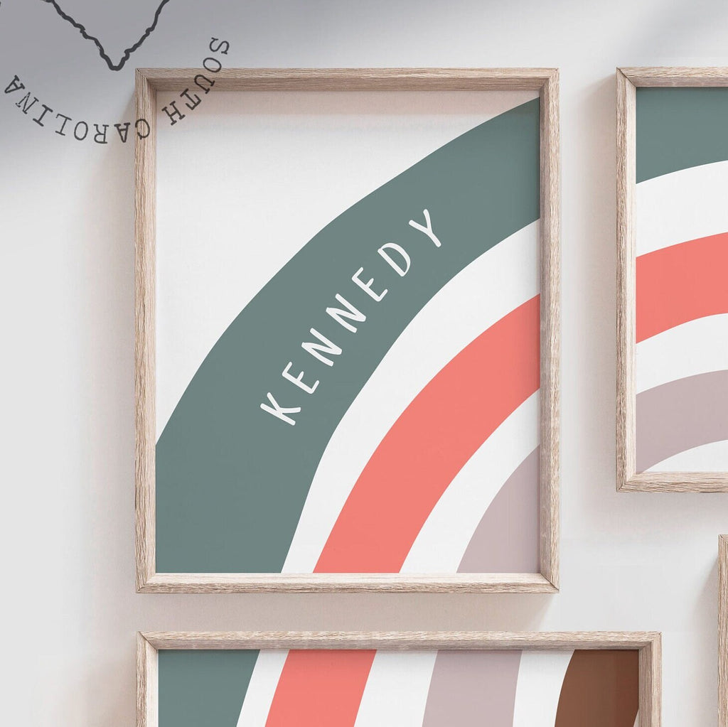 Gender neutral nursery ideas, baby natural color scheme wall art, modern boho rustic beige teal unique decor, personalized name mid century