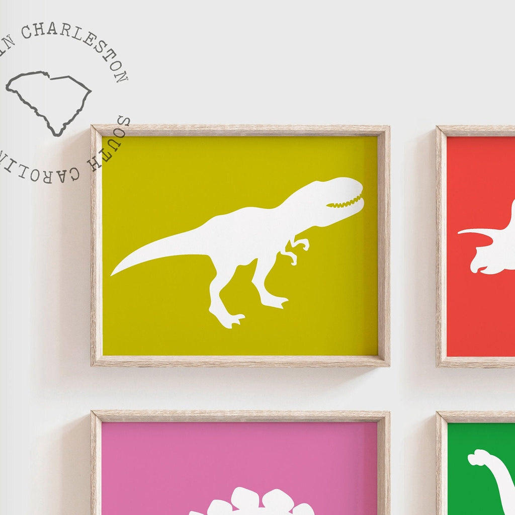 Trendy dinosaur room art, dinosaur toddler prints, bright modern dinosaur wall prints, dinosaur playroom ideas, kid room bright dinosaurs