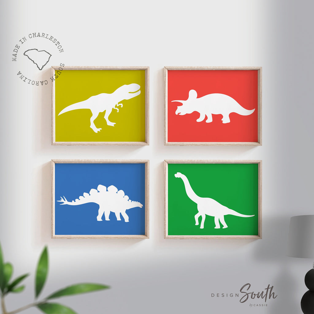 Playroom dinosaur art, bedroom decor dinosaurs, red green blue dinosaur prints, dinosaur wall decor, dinosaur wall art kids, kids t-rex art