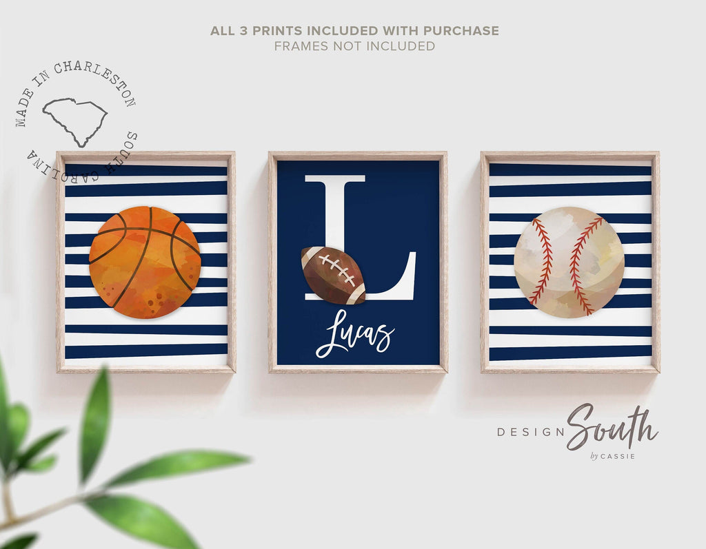 Sports birthday party gift, boys nursery decor, navy blue nursery wall art, boys monogram personalized sports print, big boy bedroom decor