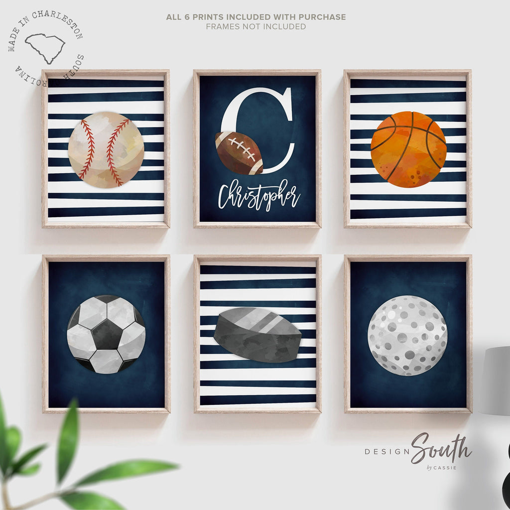 Sports collection print set boys name, sports theme wall pictures, sports art personalized gift, baseball football kids wall art boy nursery