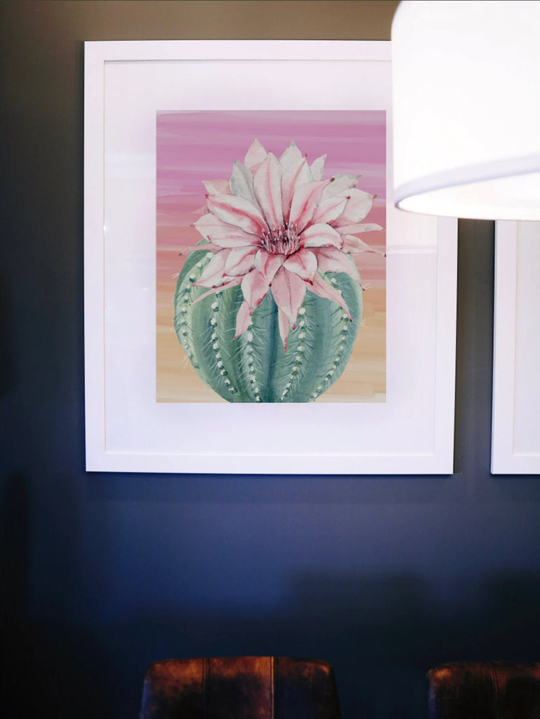 Summer palm desert tropical nursery kid, chic desert cactus baby room, pink orange desert themed room, girls name initial cactus blooms art