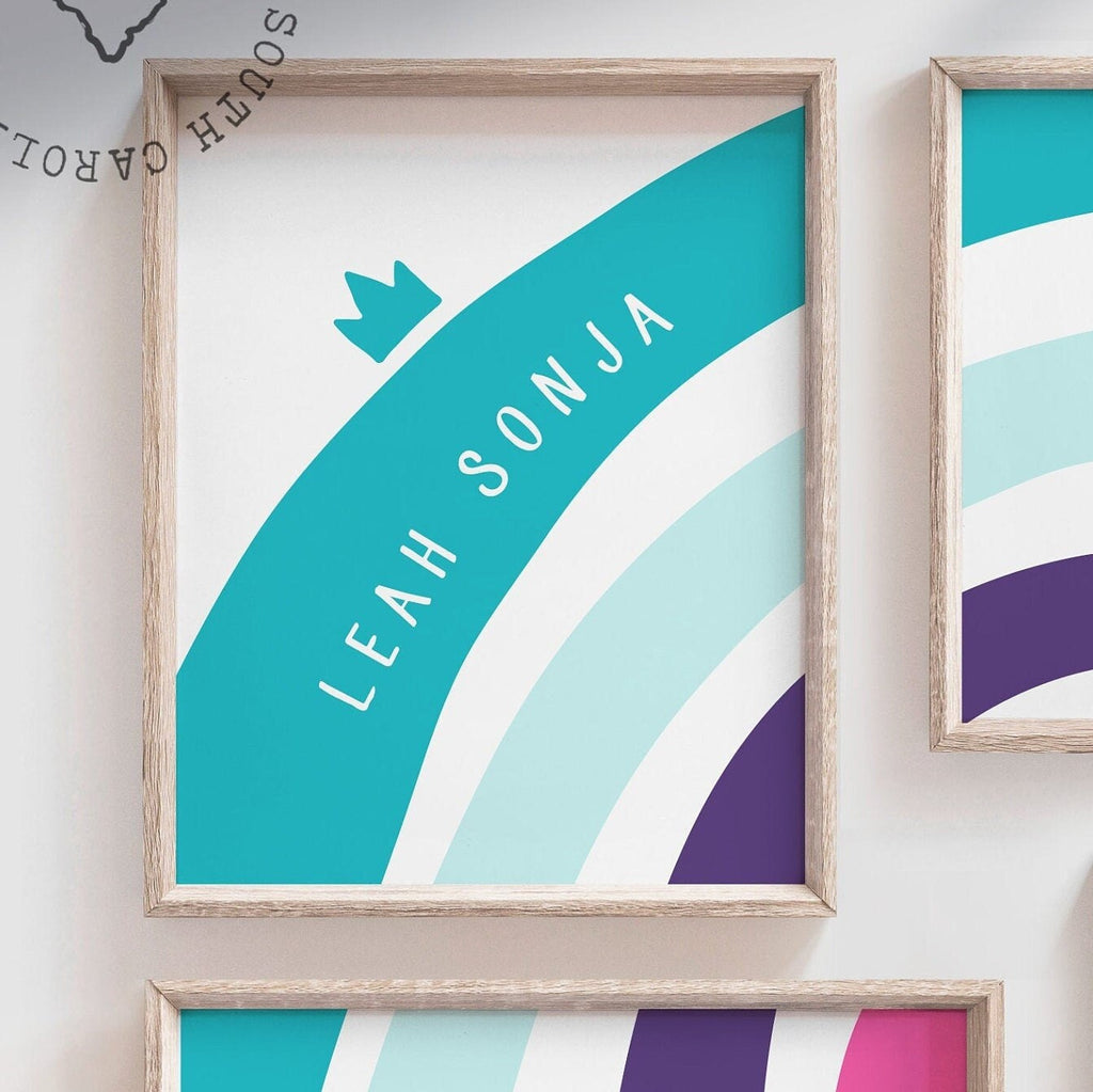Teal purple pink nursery decor, pink and teal nursery decor, rainbow prints, girls nursery, girls bedroom prints, playroom decor heart crown