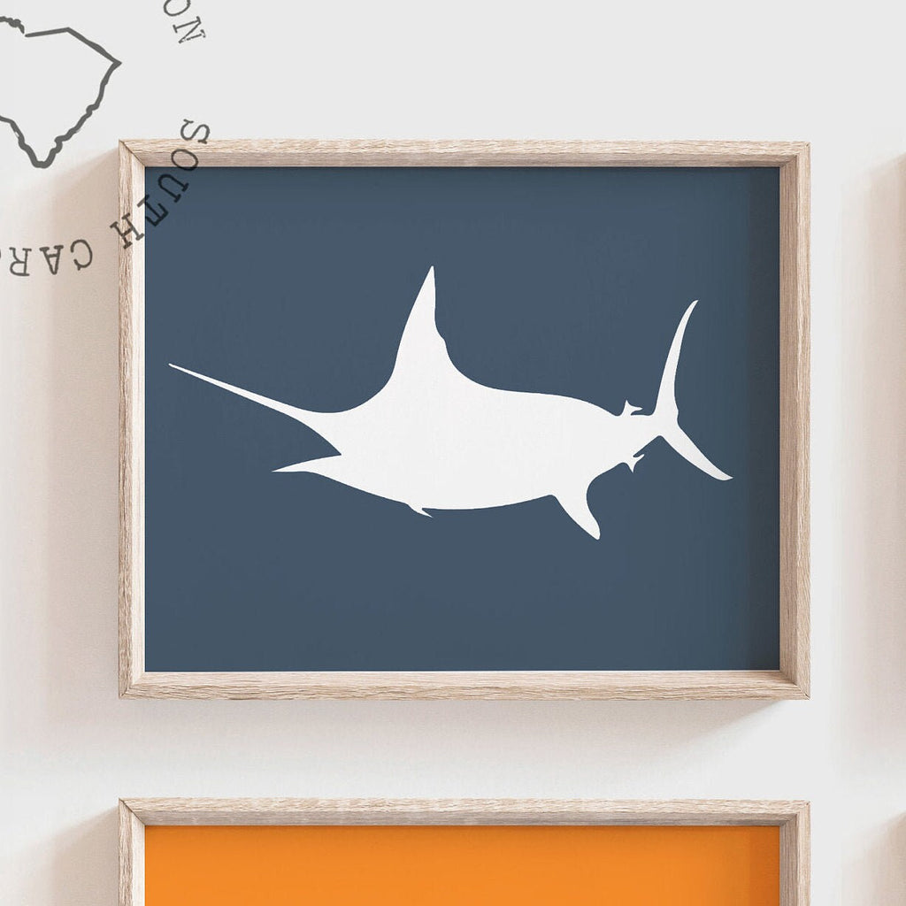 Toddler room fish theme bedroom, wall art little boy fisherman, saltwater fish wall art prints, orange & navy blue, fish bedroom or nursery