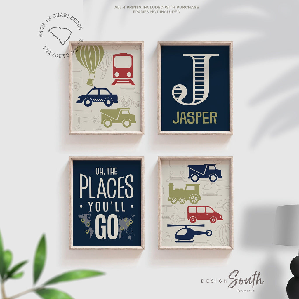 Transportation nursery decor, blue, red, green, oh the places you'll go, personalized print, name, transportation prints, helicopter, train