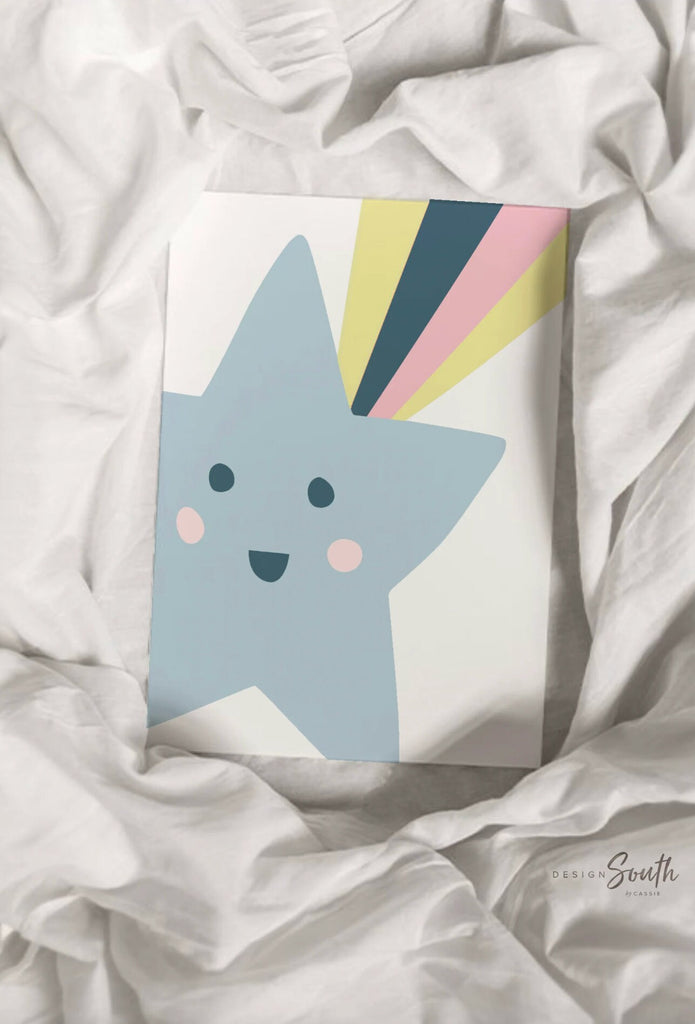 Trendy pastel nursery, shooting star wall art, nursery kids bedroom decor star cloud sun, neutral pastel newborn, sunshine nursery print set