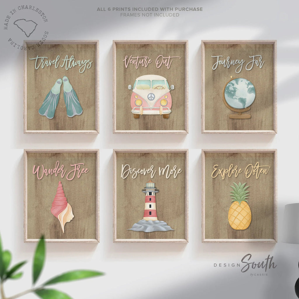 Travel themed kids bedroom wall art, print set of 6 travel art for children, playroom travel themed decor, inspirational travel art for kids