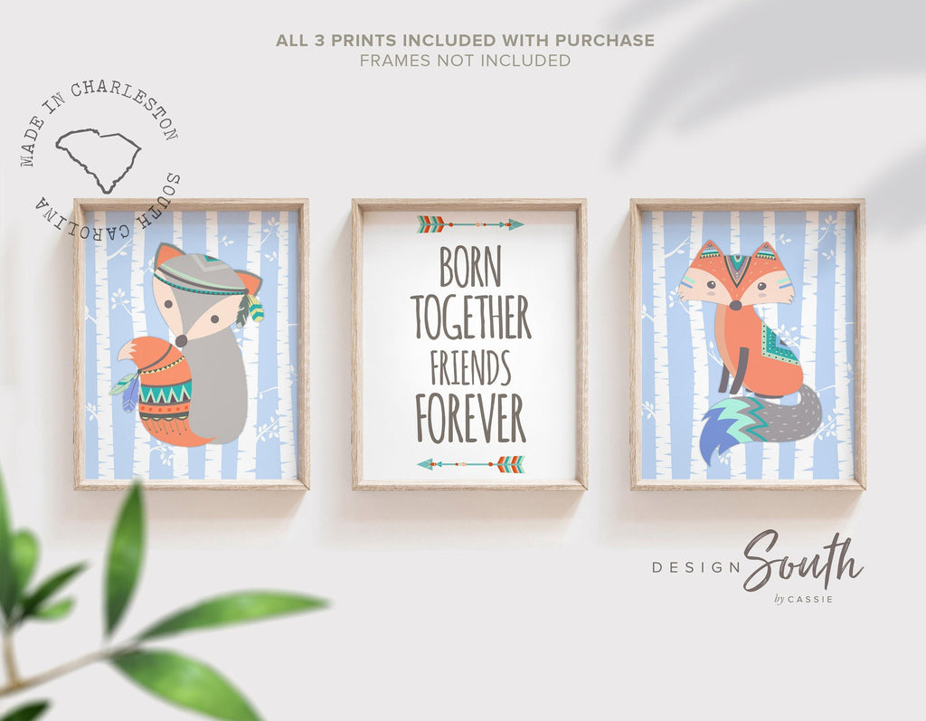 Twin boys wall art ideas for nursery, animal theme decor twin boys, quote for twin boys art prints, woodland theme gift twin boys baby blue