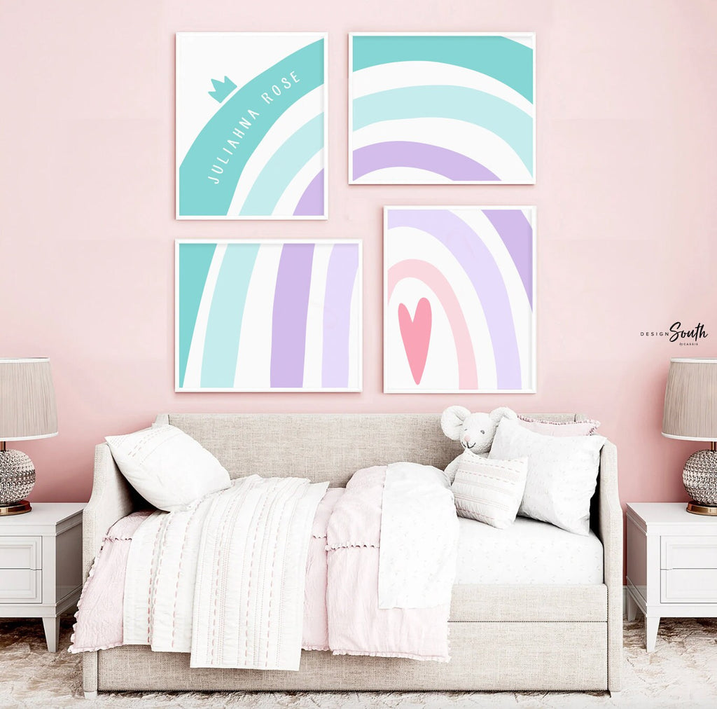 Rainbow nursery teal aqua purple lilac lavender pink, heart love girls name personalized gift, purple and teal nursery, girls bedroom wall