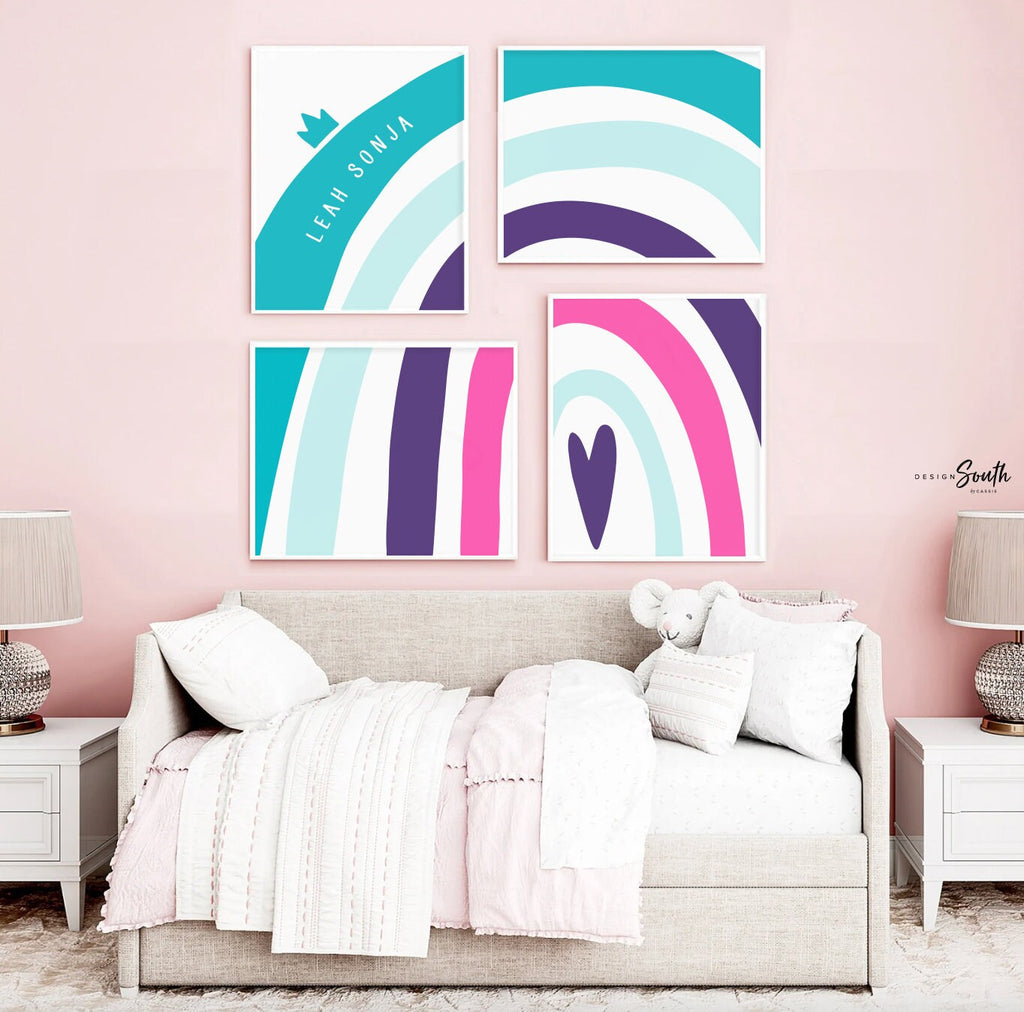 Teal purple pink nursery decor, pink and teal nursery decor, rainbow prints, girls nursery, girls bedroom prints, playroom decor heart crown