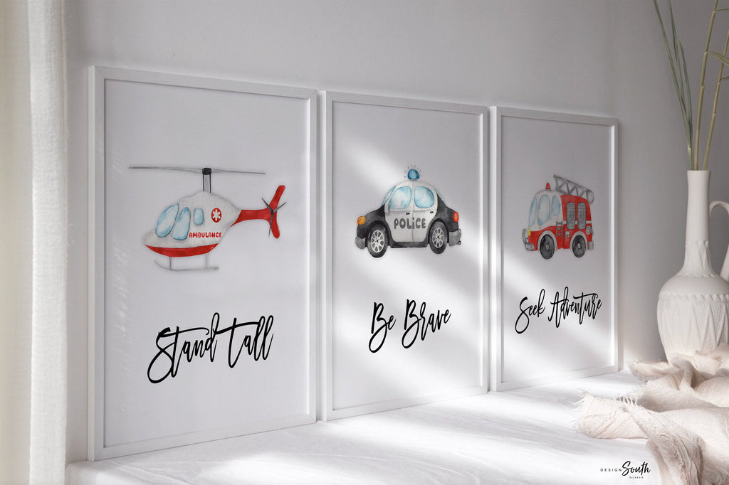 Rescue vehicle wall art, emergency vehicles nursery art, toddler room decor, big boy bedroom, transportation nursery, vehicles wall art set