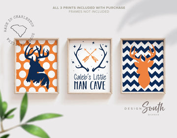 Deer decor, buck deer nursery wall decor, navy blue and orange nursery art, boys bedroom print, boys bathroom decor, boys playroom wall art
