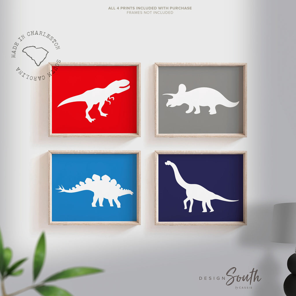 Red blue dinosaur decor, boys playroom wall dinosaurs, wall art for boys, dinosaur art prints for toddlers, dinosaur prints kids red & blue