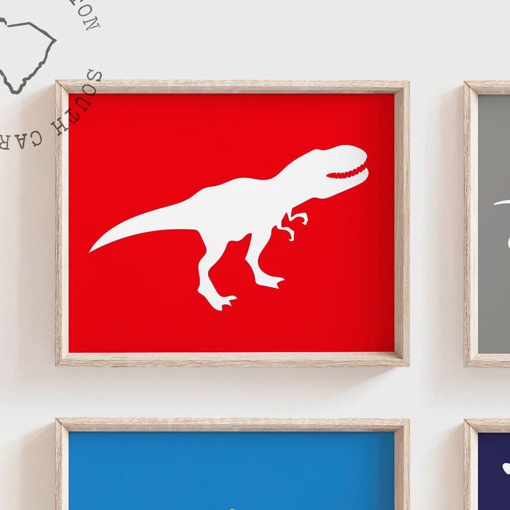 Red blue dinosaur decor, boys playroom wall dinosaurs, wall art for boys, dinosaur art prints for toddlers, dinosaur prints kids red & blue