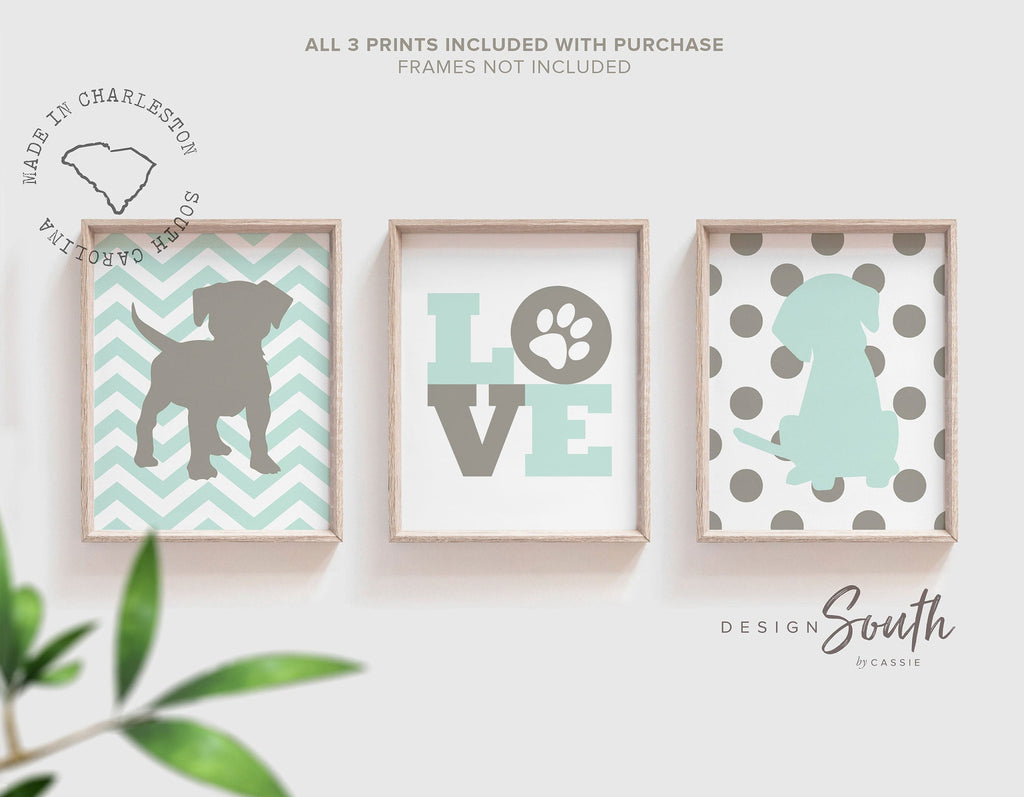 Baby boy puppy decor, dog nursery wall art, chevron kids mint green gray, labrador retriever nursery, love art print, baby room puppy decor