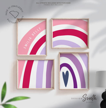 Hot pink and purple nursery decor, girls pink purple name nursery, girls monogram, girls nursery decor, pink rainbows, pink and purple art