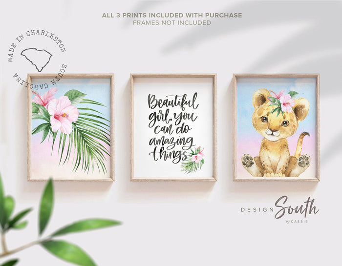 Pink tropical nursery art, baby girl bedroom wall art prints tropical theme decor, baby girl nursery decor safari animals, girl's quote art