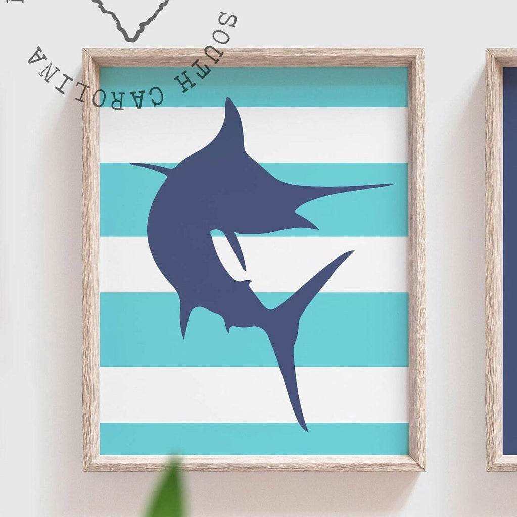 Boys bathroom decor gray and navy blue, marlin fish theme baby boy, fish baby shower gift, fisherman gift for baby, toddler bathroom decor