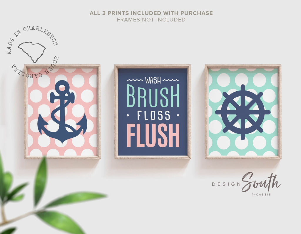 Nautical bathroom decor, girls bathroom decor, pink mint and navy bathroom, wash, brush, floss, flush, girls bathroom print, anchor bathroom