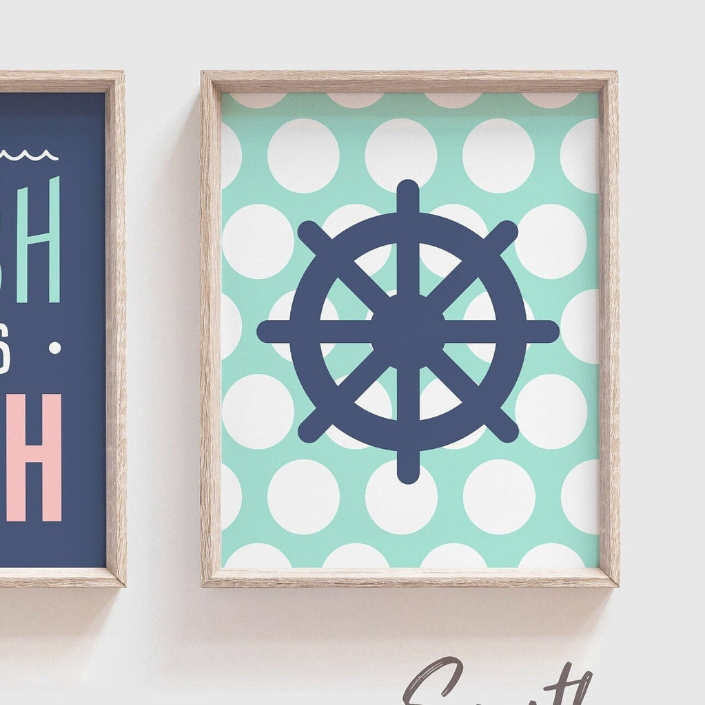 Nautical bathroom decor, girls bathroom decor, pink mint and navy bathroom, wash, brush, floss, flush, girls bathroom print, anchor bathroom