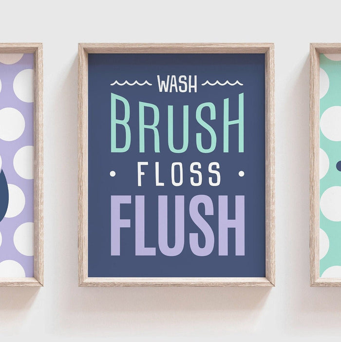 Nautical bathroom decor, girls bathroom decor, pink mint and navy bathroom, wash, brush, floss, flush, girls bathroom print, anchor bathroom