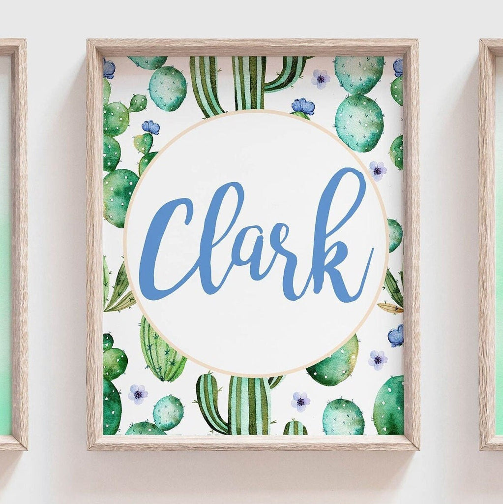 Green cactus baby shower gift, baby boy cactus theme personalized, southwest watercolor cactus boys room art prints, blue and mint kids art