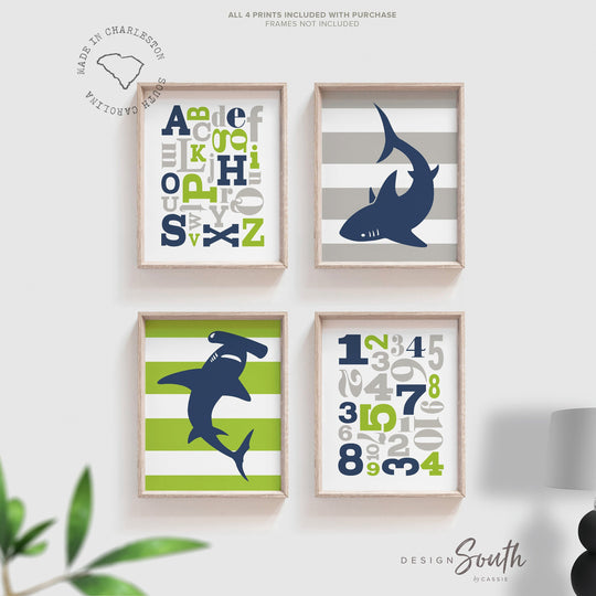 Boys nursery decor, shark nursery decor, lime gray and navy blue nursery wall art, shark theme nursery art, shark decor, shark art, abc 123