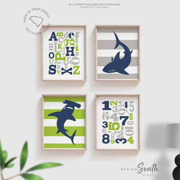 Boys nursery decor, shark nursery decor, lime gray and navy blue nursery wall art, shark theme nursery art, shark decor, shark art, abc 123