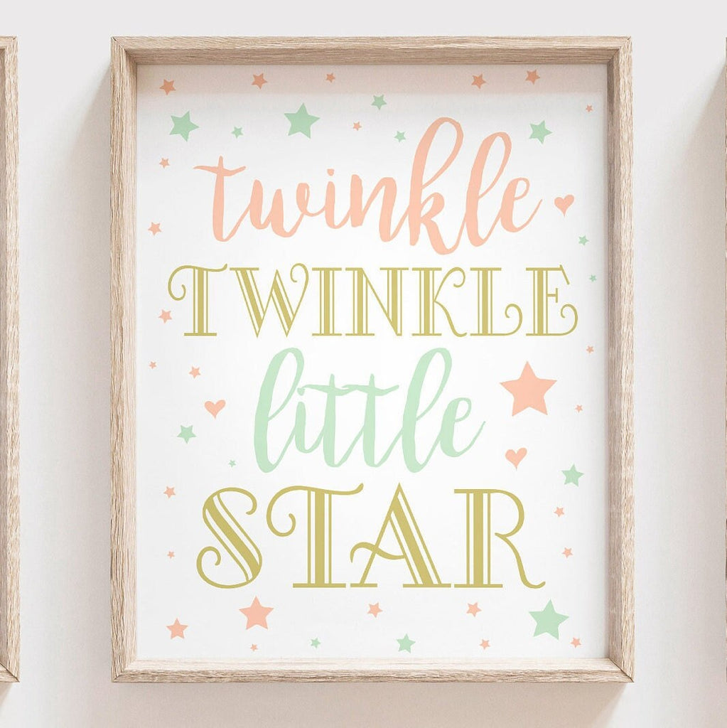 Coral mint gold, twinkle twinkle, moon cloud stars, baby girl nursery, gift for baby shower, cloud stars baby shower, little girls room art