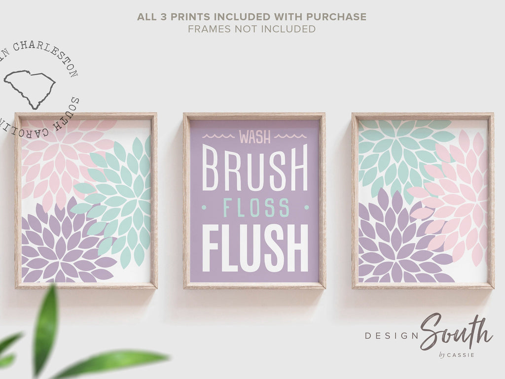 Girls bathroom decor, pink purple aqua girl decor, baby flower art, purple wash brush floral burst art, baby shower gift for girl, child art
