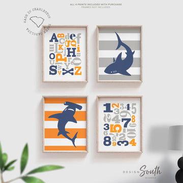 Shark wall art, baby boy nursery decor, sharks nautical boy bedroom navy blue, orange and navy blue, abc boys, shark playroom, boys playroom