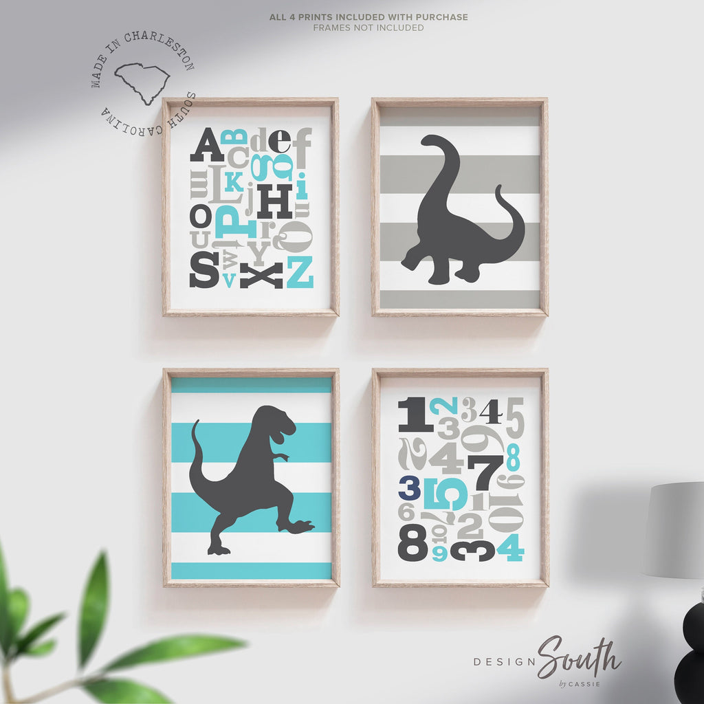 Dinosaur nursery decor, baby blue dinosaurs, dinosaur wall art, dinosaur wall decor, t-rex boys room pictures, baby blue gray dinosaur decor