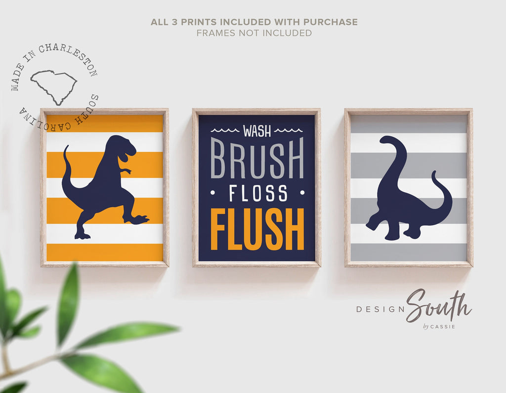 Orange navy and gray toddler bathroom decor, dinosaur boys decor, orange dinosaur bathroom, child bathroom art, kids wall prints wash brush