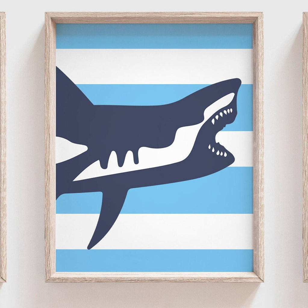 Shark theme bathroom, big boy bathroom art, blue sharks, gift for boy shark, kids bathroom navy blue, shark bite wash brush floss flush sign
