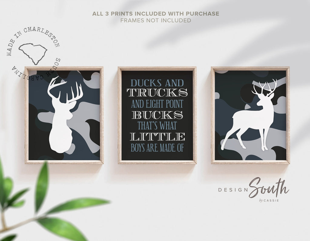 Hunting theme kid room, deer prints bucks, boy nursery decor hunting quote, navy blue camouflage decor for boys room, ducks trucks bucks kid