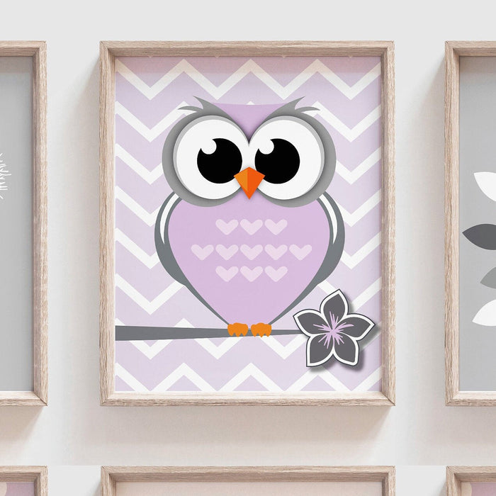 Purple owl, owl nursery decor, baby girls owl nursery wall art, purple room decor, purple and gray decor for nursery, love decor, flower