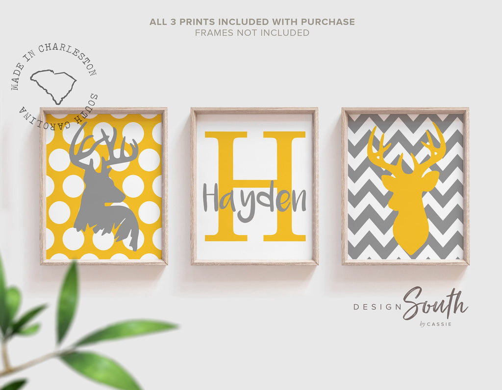 Yellow and gray boys nursery deer hunting wall decor, boys yellow and gray, yellow deer, customized name print hunting baby boy deer decor