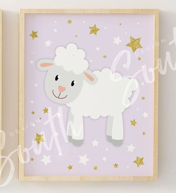 Lamb nursery theme decor, sheep nursery decor, baby lamb nursery, lilac and gold, lamb wall art, sheep nursery art, lamb-themed nursery art