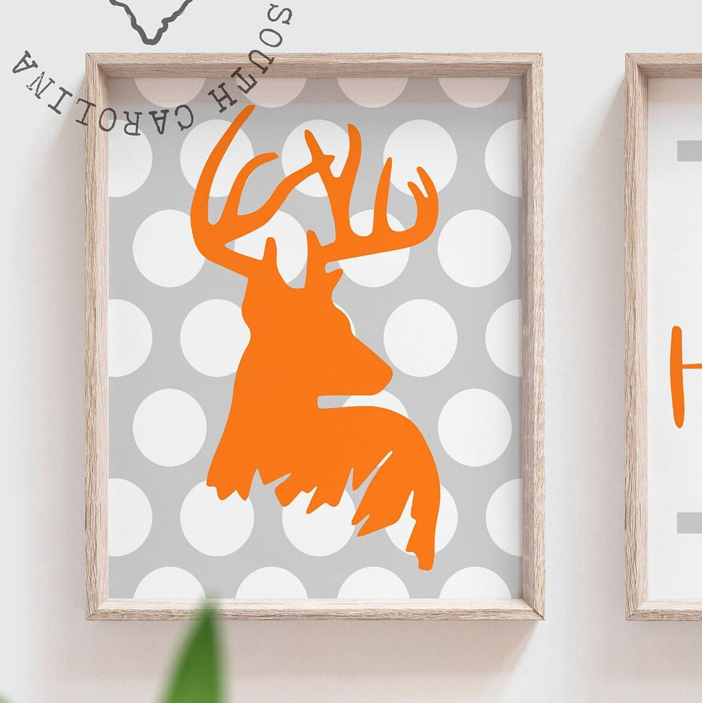 Boys deer nursery art orange and gray decor, deer wall art for boys, deer decor for nursery, deer bedroom for boys, custom hunting name art