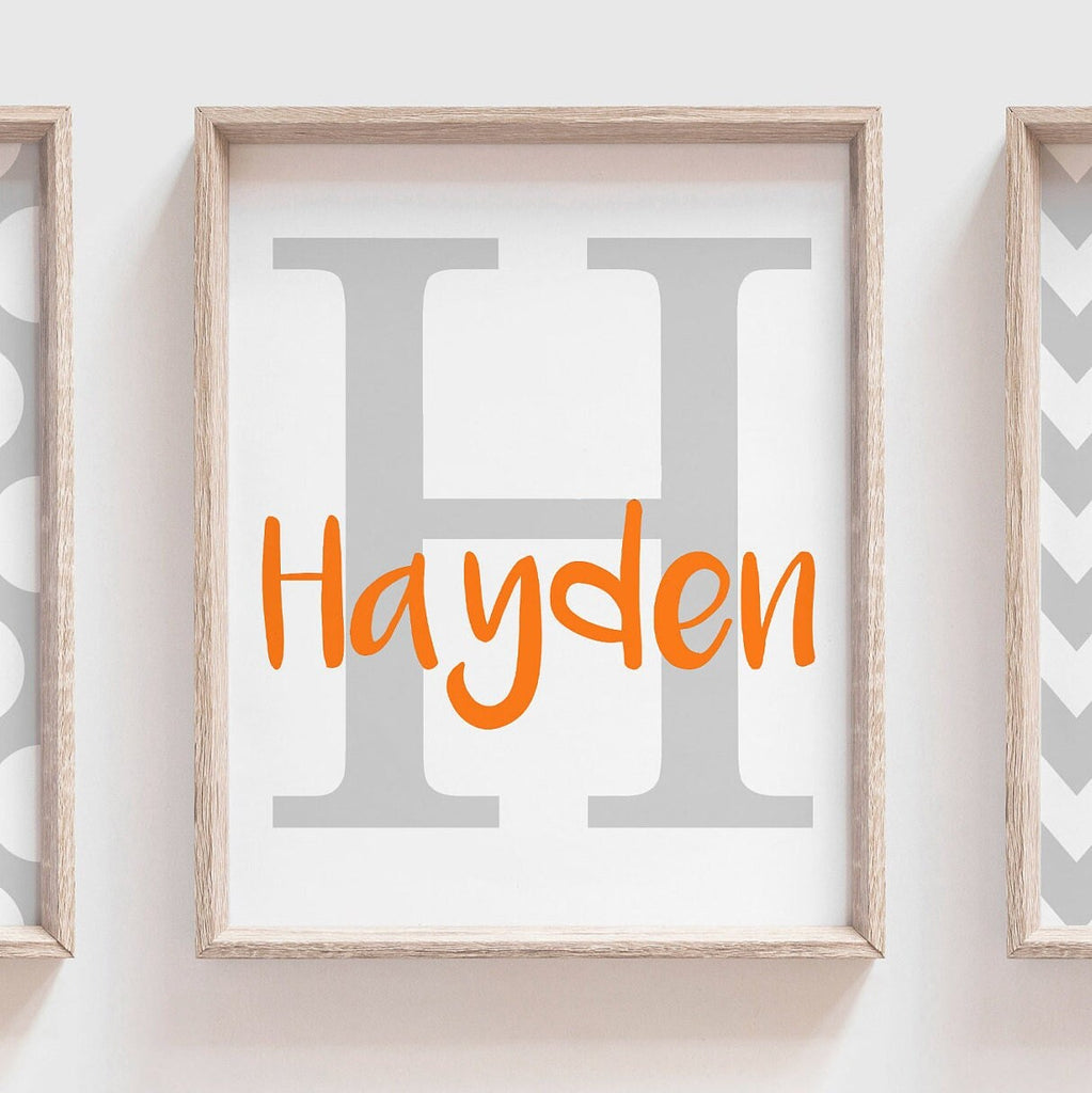 Boys deer nursery art orange and gray decor, deer wall art for boys, deer decor for nursery, deer bedroom for boys, custom hunting name art