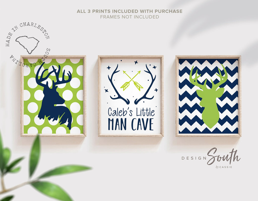 Little man cave, lime and navy blue deer nursery wall art decor name, childrens deer decor, big boy deer art, baby boy hunting arrows deer